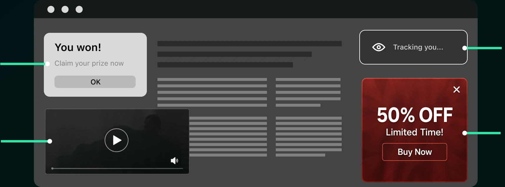 A web page crowded with a pop-up, an autoplaying video, a tracker badge and a full-height ad
