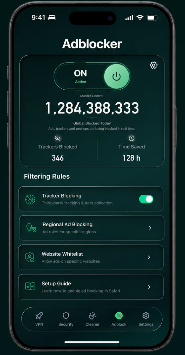 The Adblocker screen showing the master switch, blocked count and filtering rules