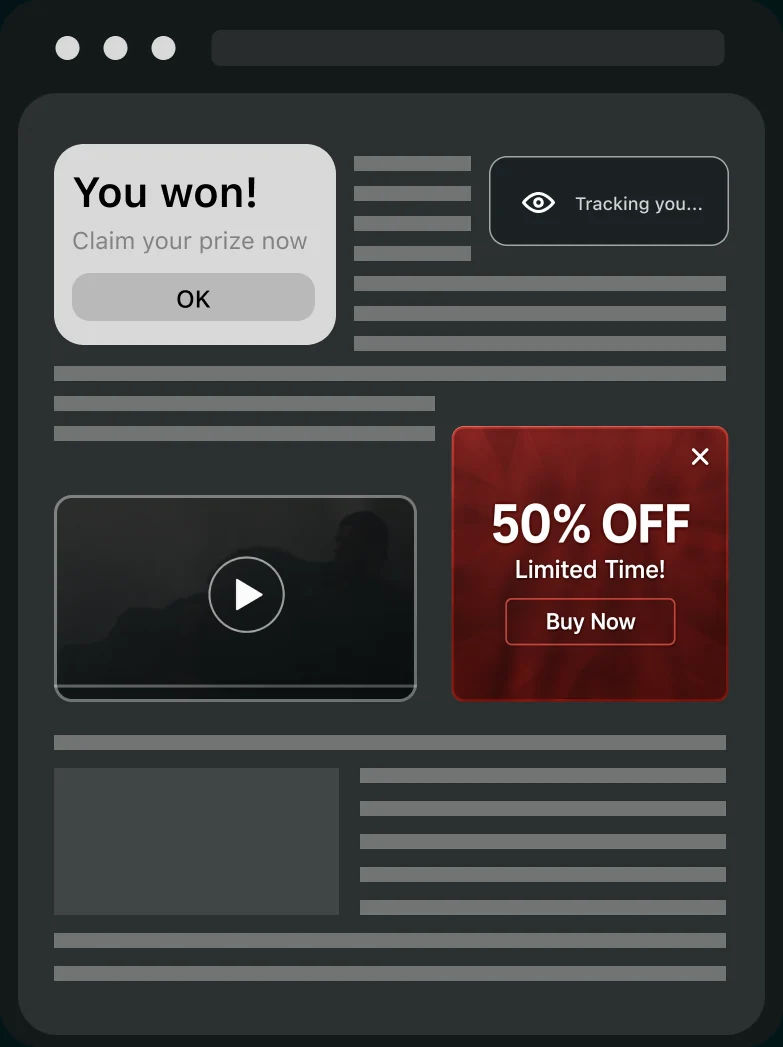 A web page crowded with a pop-up, an autoplaying video, a tracker badge and a full-height ad