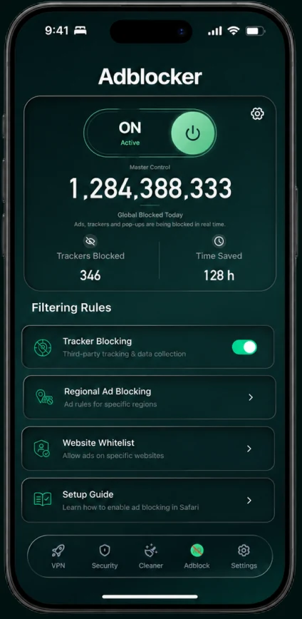The Adblocker screen showing the master switch, blocked count and filtering rules