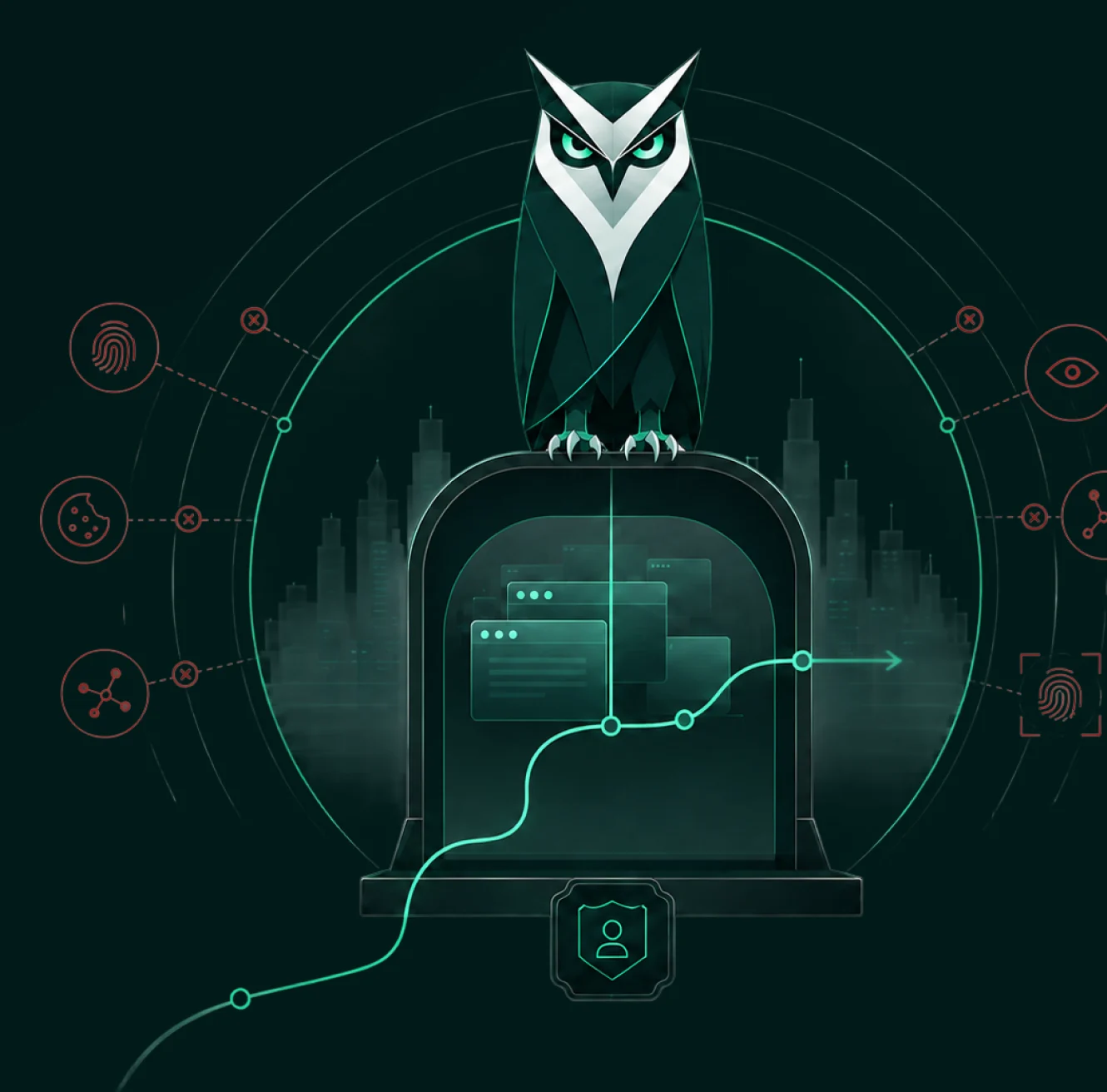 An owl standing guard over a browser sealed inside a dome while trackers are turned away