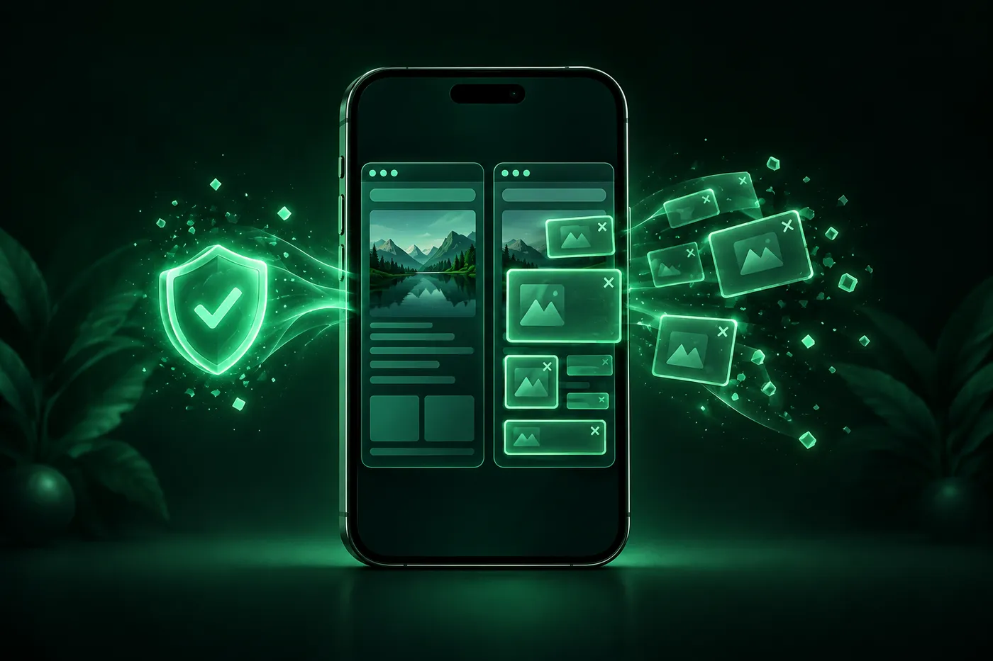 Two browser windows side by side on an iPhone, one cleared of ad boxes by a green shield while the other is still crowded with them