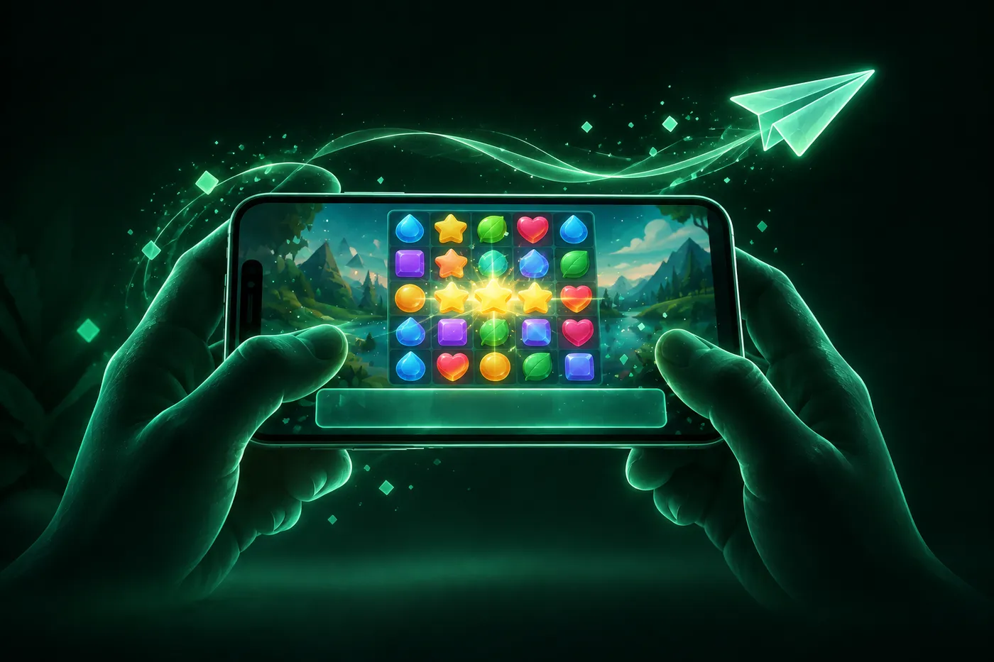 An iPhone held sideways running a colorful puzzle game, with an empty ad strip along the bottom and a paper airplane drifting past the screen