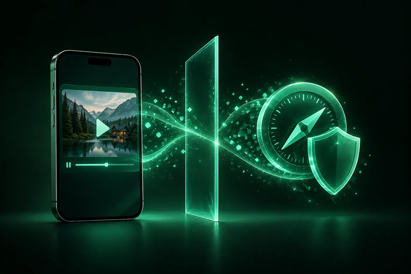An iPhone playing a video next to a Safari compass behind a green shield, with a thin wall separating the two
