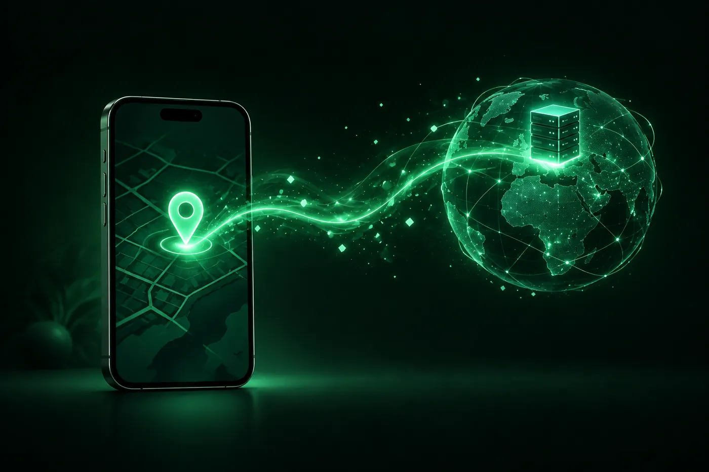 An iPhone with a map pin that stays fixed on its screen while a line of light runs from the phone to a distant server on a globe
