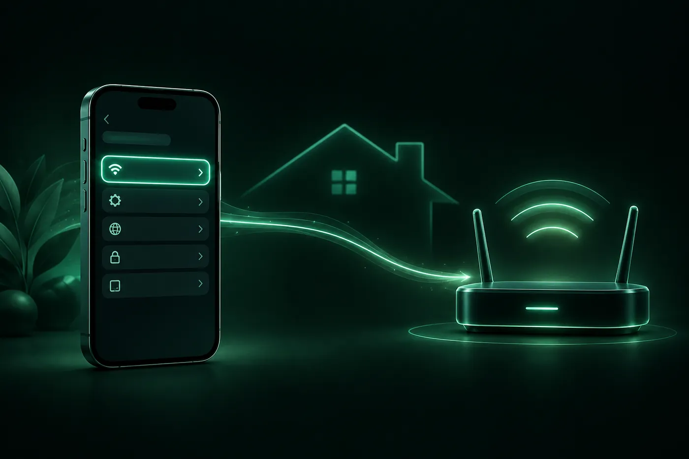 An iPhone settings list with one row highlighted, linked by a line of light to a home Wi-Fi router