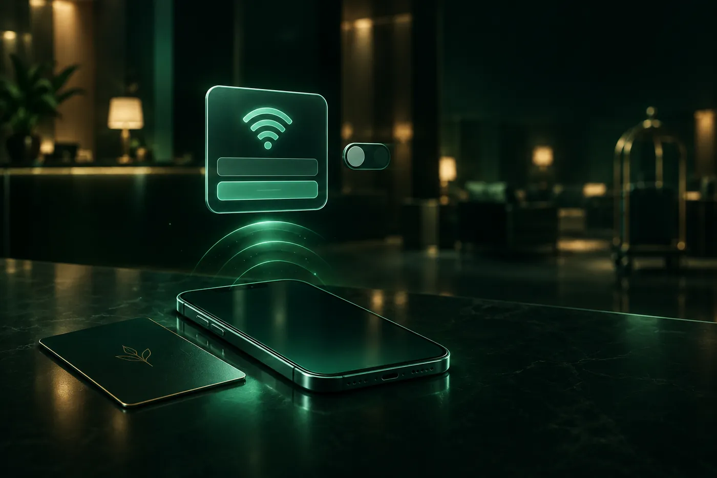 An iPhone on a hotel lobby counter next to a key card, with a Wi-Fi sign-in card and a switched-off toggle floating above it