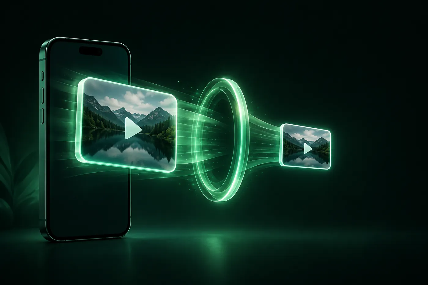 A video tile leaving an iPhone screen passes through a ring of light and comes out as a smaller copy of the same video