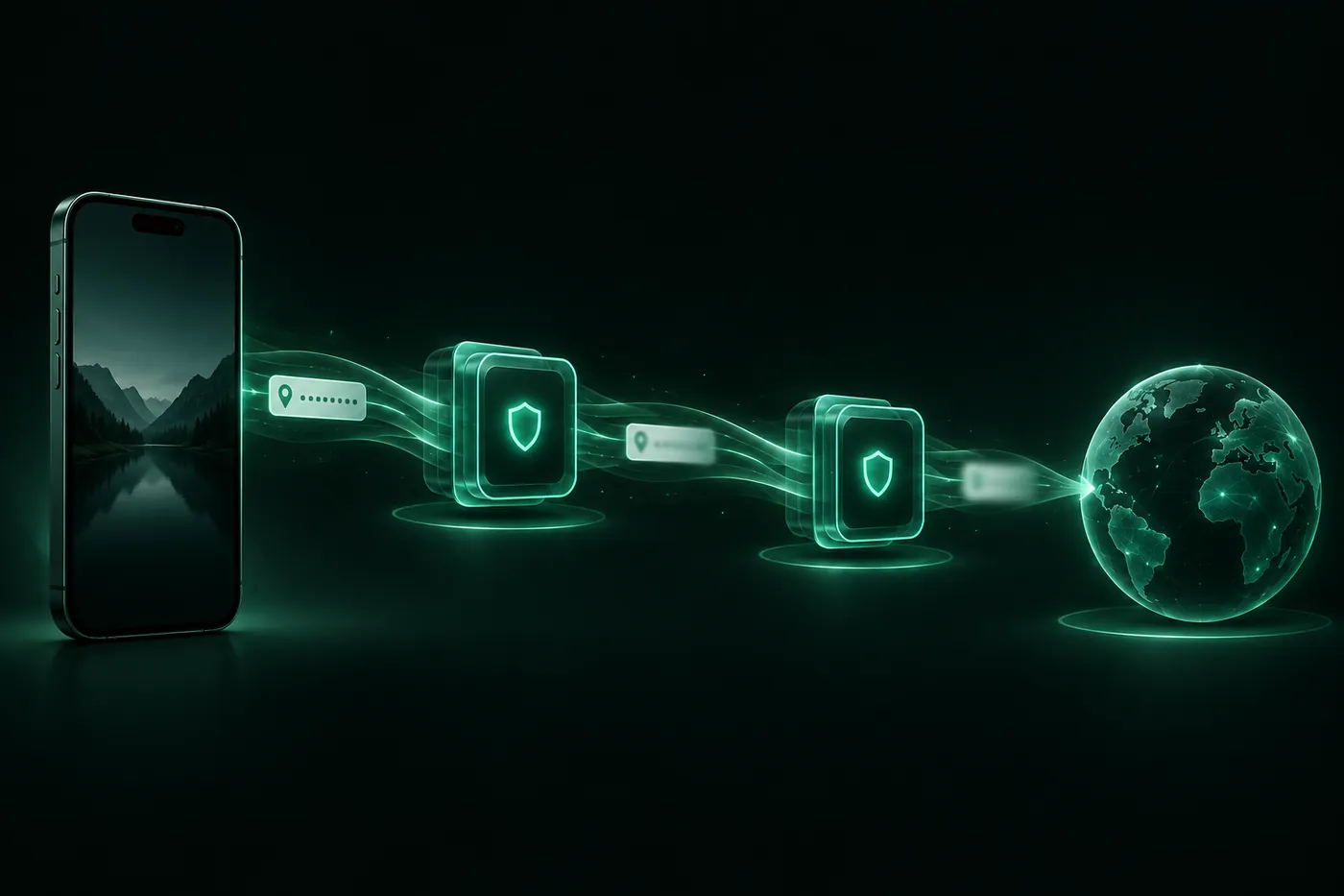 A stream of light from an iPhone passes through two relay nodes, blurring an address tag on its way to a globe