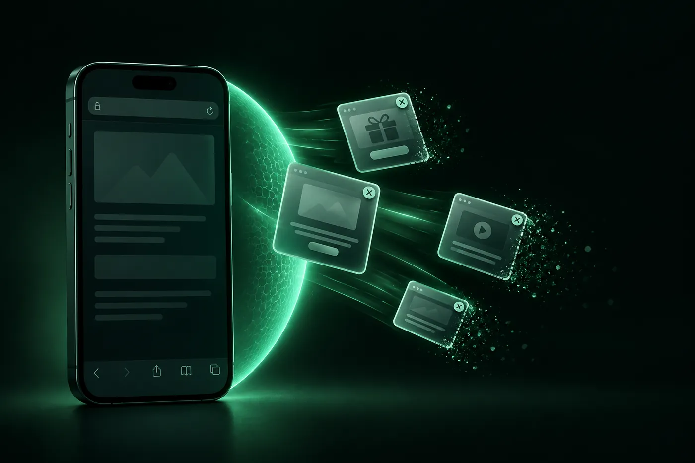 Pop-up windows pushed away from an iPhone's browser page by a green shield of light