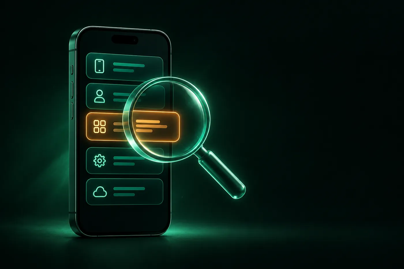 A magnifying glass over a list of devices, profiles and apps on an iPhone, with one item highlighted in amber