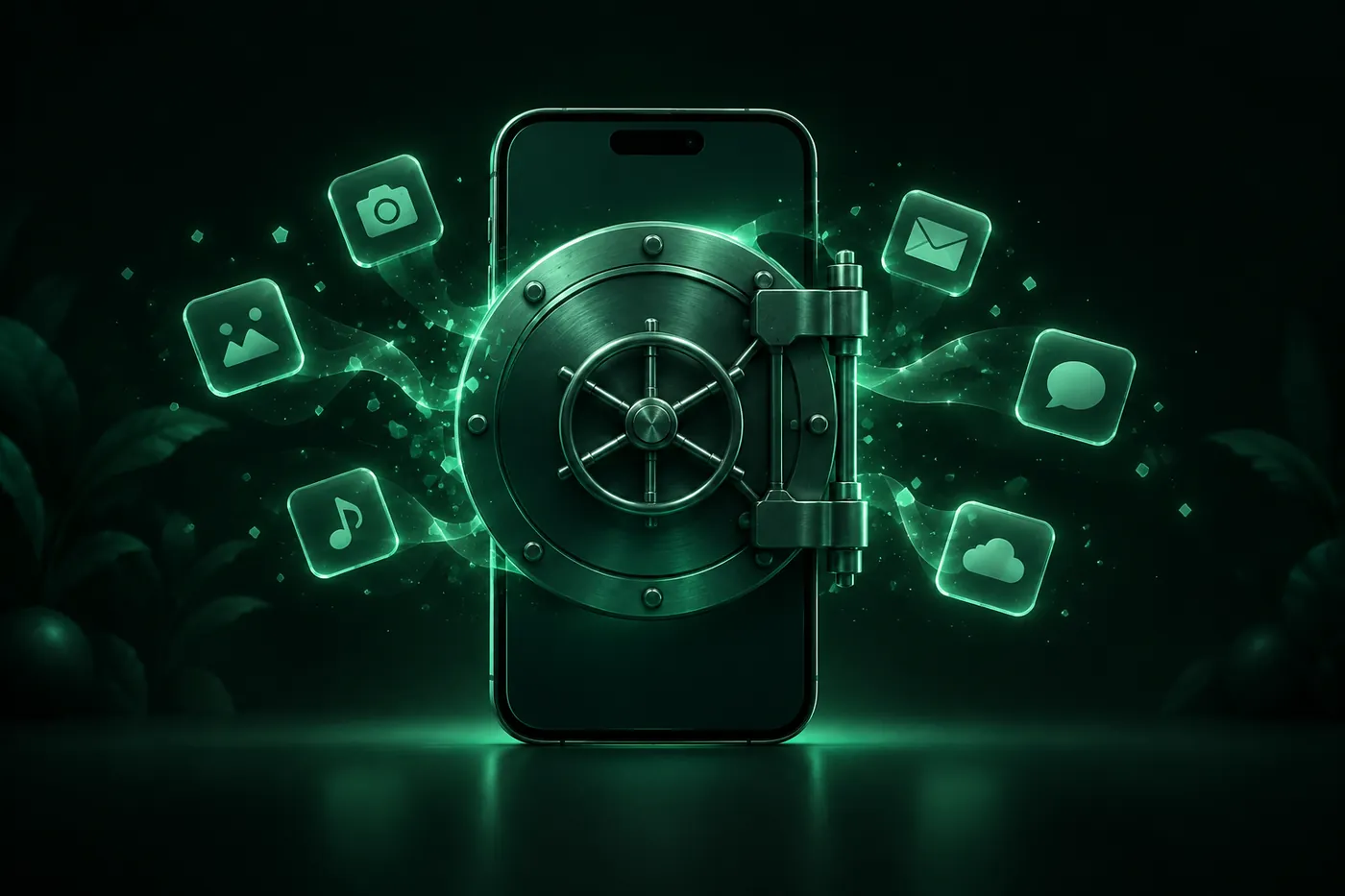 An iPhone behind a heavy round vault door, with a few dimmed app icons floating outside it