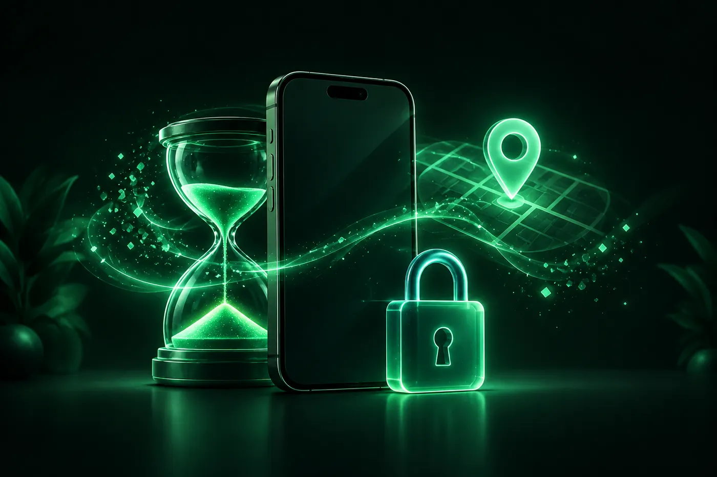 An iPhone beside an hourglass, with a padlock and a softly glowing home map pin in the background