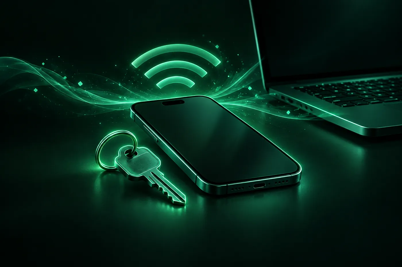 A small hardware key on a keyring resting beside an iPhone, with a laptop and soft Wi-Fi waves in the background