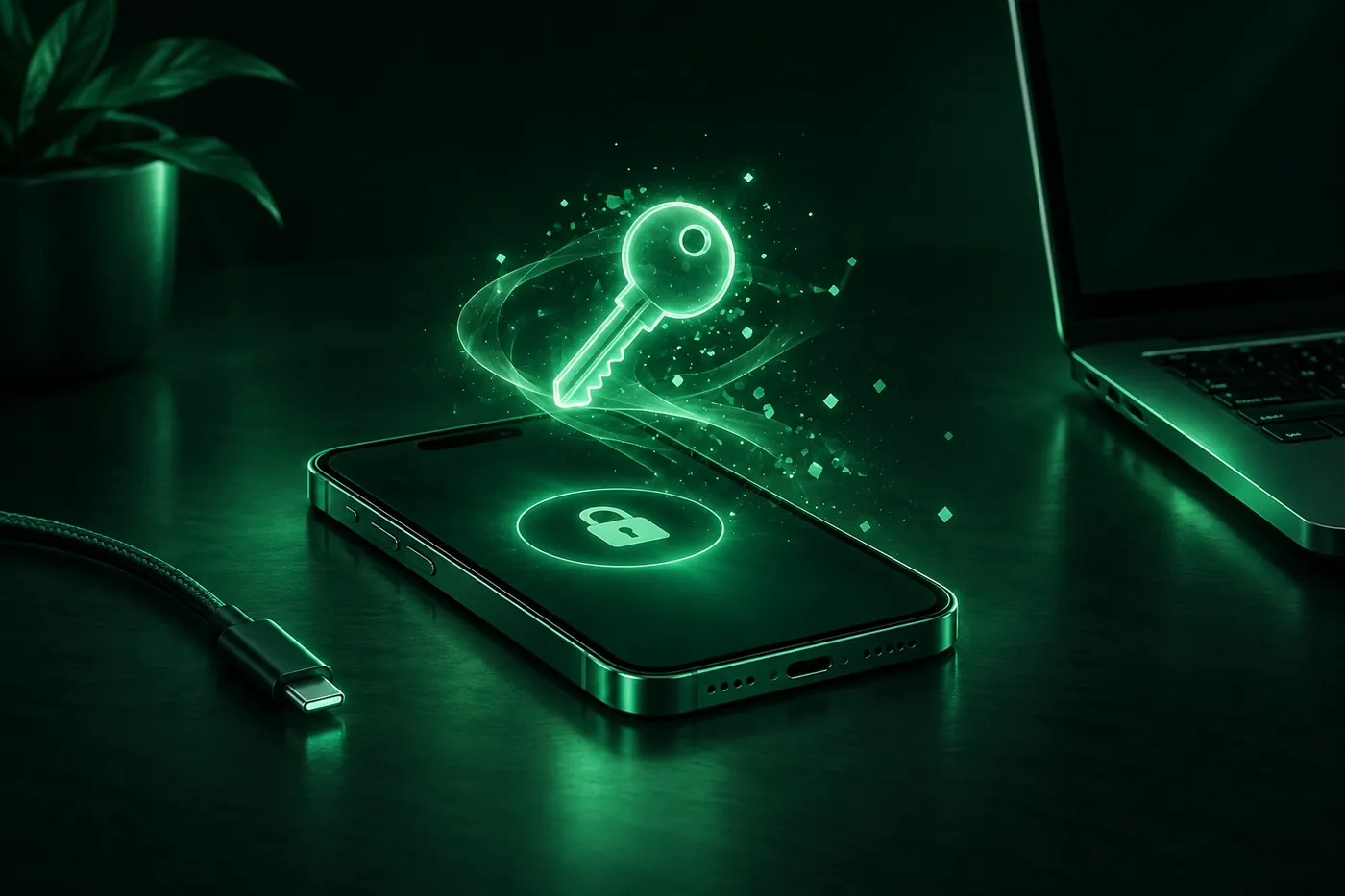 A locked iPhone lying on a desk beside a laptop and a charging cable, with a softly glowing key hovering above its screen