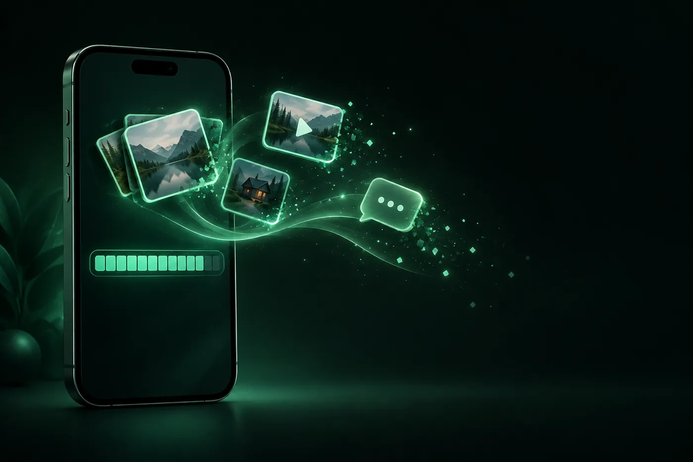 An iPhone with a nearly full green storage bar while photos, a video and a message bubble lift off the screen and dissolve into light