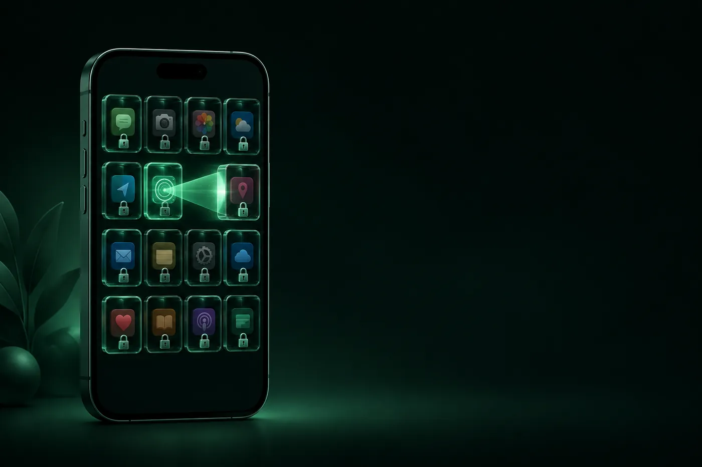 App icons on an iPhone, each locked inside its own glass compartment, with a scanning beam stopped at the wall of the next one