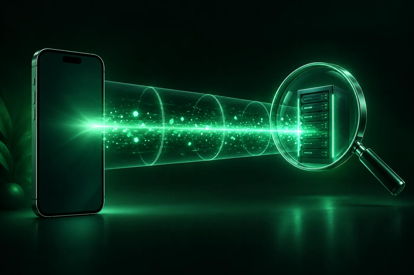 An iPhone sending a beam of light through a tunnel to a distant server, with a magnifying glass held over the server