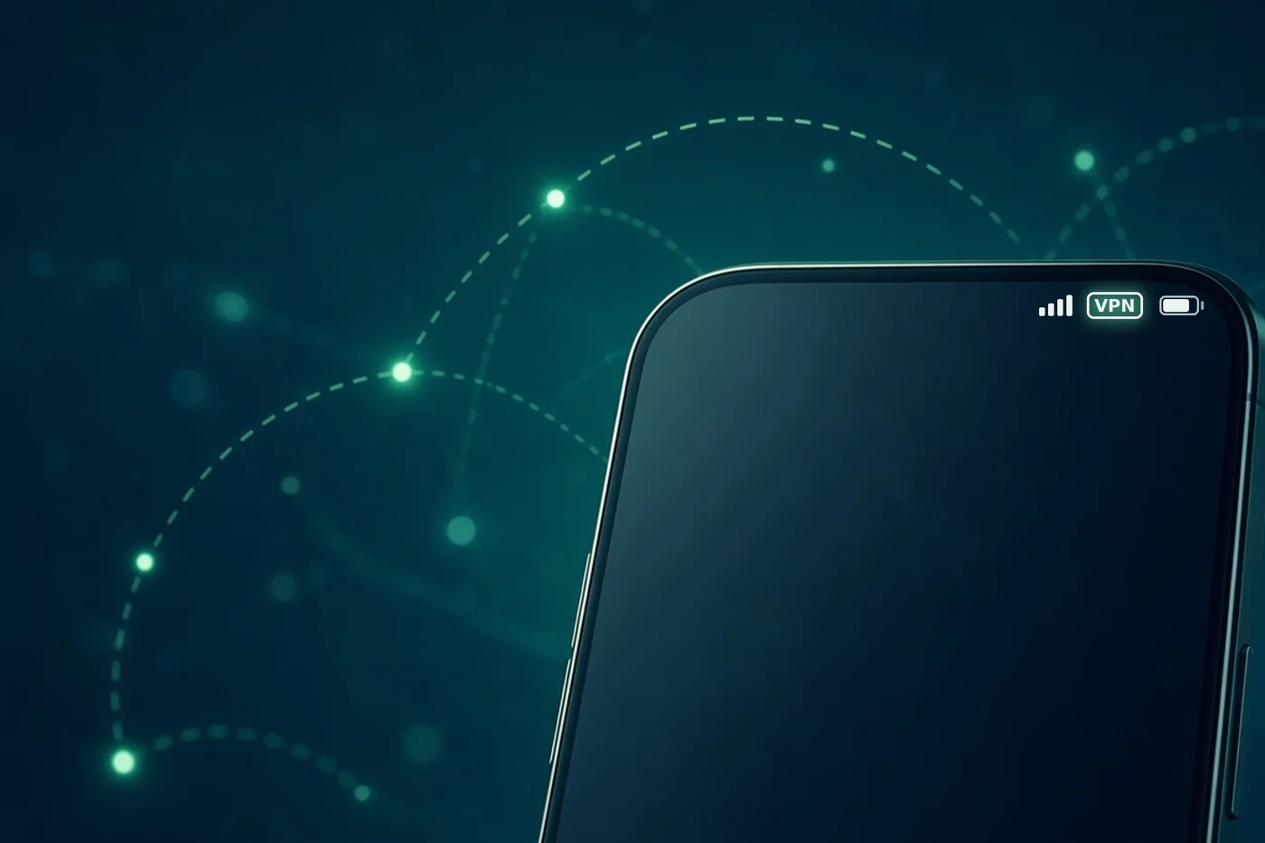 El borde superior de la pantalla de un smartphone con una pequeña insignia de VPN en la barra de estado, junto a los iconos de señal y batería.
