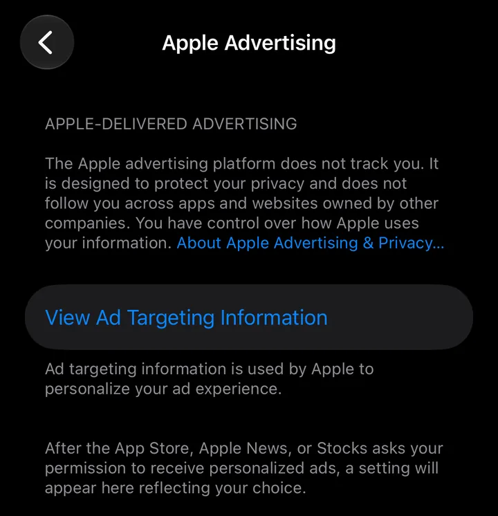 The Apple Advertising screen in iPhone Settings, with no Personalized Ads switch yet and a note that one appears after the App Store, Apple News or Stocks asks permission.