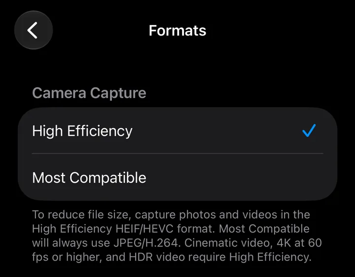 The Formats screen in iPhone Camera settings, with High Efficiency selected and Most Compatible below it.