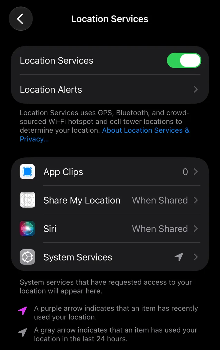 The Location Services screen in iPhone Settings. The note under the switch says Location Services uses GPS, Bluetooth, and crowd-sourced Wi-Fi hotspot and cell tower locations to determine your location.