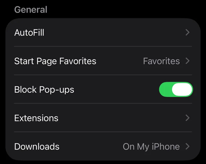 The General section of Safari settings on iPhone, with the Block Pop-ups switch turned on.
