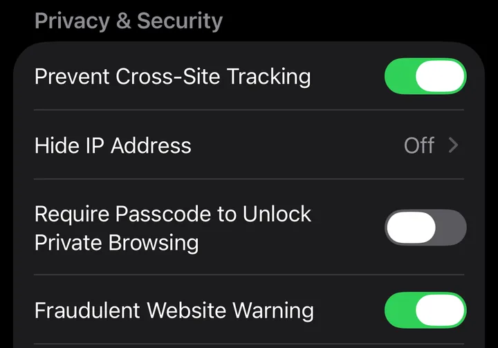 The Privacy and Security section of Safari settings on iPhone, with Fraudulent Website Warning turned on.