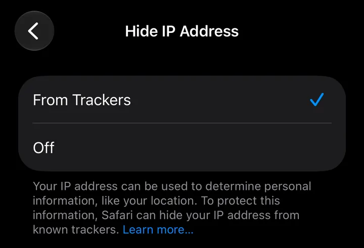 The Hide IP Address screen in iPhone Settings with two options, From Trackers (selected) and Off.