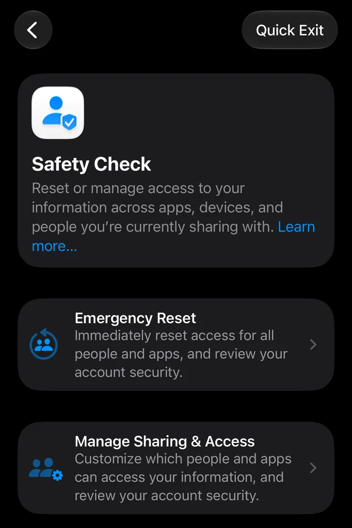 The Safety Check screen in iPhone Settings, with two choices: Emergency Reset and Manage Sharing & Access.