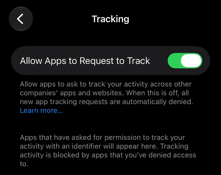 The Tracking screen in iPhone Settings, with the Allow Apps to Request to Track switch.