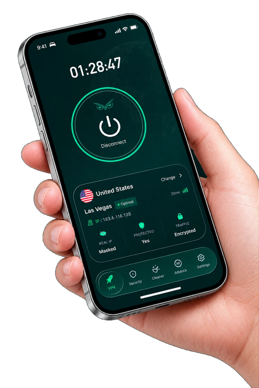 A hand holding an iPhone with Mistero VPN connected